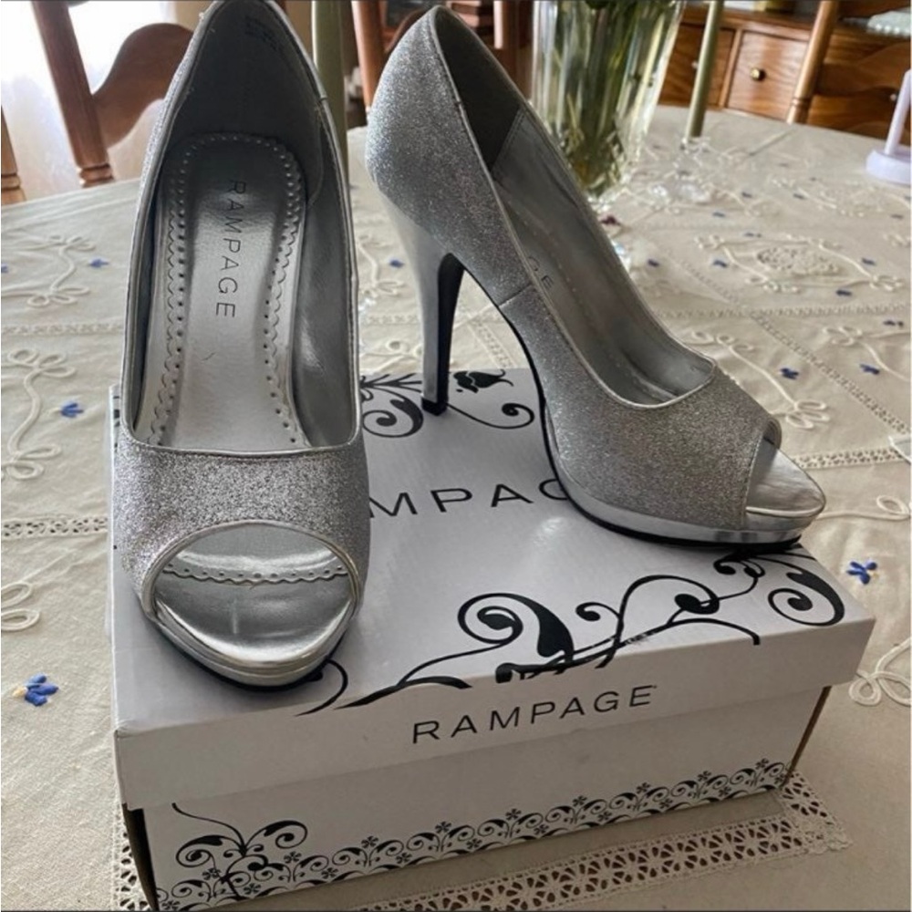 Rampage Glittering Silver Peep-Toe Heels
